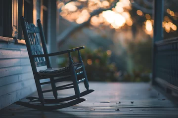 Fotobehang Verandazeit: Idyllisch-romantisches Bild eines Schaukelstuhls auf der Veranda © Seegraphie