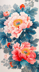 National trend peony flower, Chinese style meticulous peony flower illustration