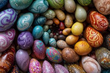 colorful composition of hand painted Easter eggs forming a multicolored spiral. The eggs are decorated according to the Easter bunny tradition with flowers and colors