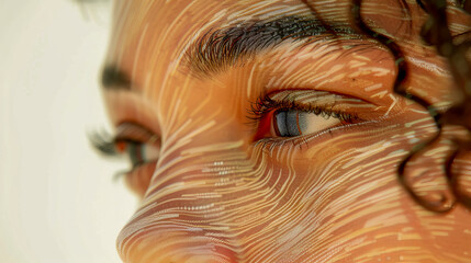 Close-up of a human eye with abstract topographic lines, symbolizing depth and perception.