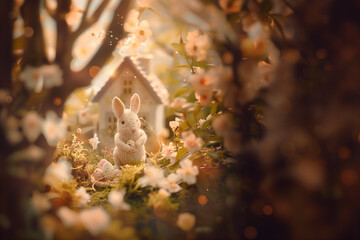 fairytale Easter landscape with a bunny made of wool, hiding Easter eggs in a colorful garden full of flowers.