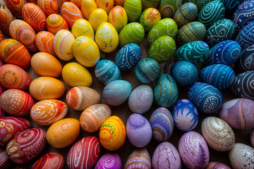 colorful composition of hand painted Easter eggs forming a multicolored spiral. The eggs are decorated according to the Easter bunny tradition with flowers and colors