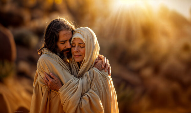 Risen Jesus Christ embraces the Virgin Mary with love. The light is warm and produces a feeling of happiness for the Christian Easter.