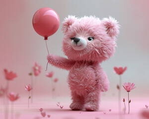 A minimal 3D illustration of a pink bear holding a balloon