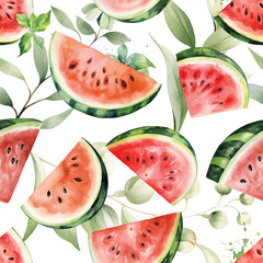 Watercolor tropical seamless pattern with watermelon and leaves illustration