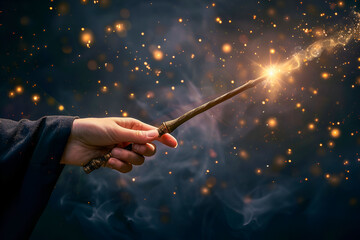 Hand holding magical wooden wand with magic coming out of it - obrazy, fototapety, plakaty