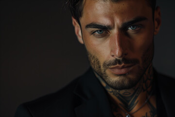 tanned skin, hot and attractive Italian mafia billionaire with a tattoo on his neck , wearing a luxurious black suit. Looking at camera with piercing and sensual gaze - obrazy, fototapety, plakaty