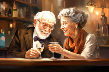 Painting of Elderly Couple Holding Wine Glasses - Artwork Depicting Man and Woman in Conversation - obrazy, fototapety, plakaty
