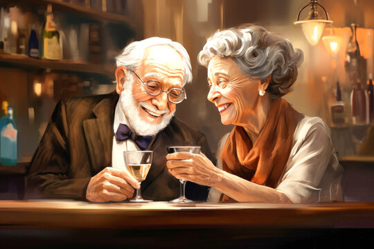 Painting of Elderly Couple Holding Wine Glasses - Artwork Depicting Man and Woman in Conversation
