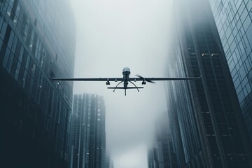 Unmanned Military Drone in the modern city megapolis sky through clouds, buildings and skyscrapers. Combat Air Vehicle as modern weapons for war presentation. - obrazy, fototapety, plakaty