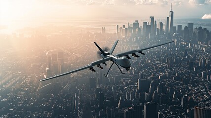 Unmanned Military Drone in the modern city megapolis sky through clouds, buildings and skyscrapers. Combat Air Vehicle as modern weapons for war presentation. - obrazy, fototapety, plakaty