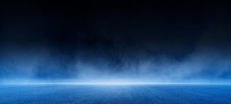 Dark scene road street asphalt blue background, fog in darkness, smoke and mist, neon light, spotlights, night view, Abstract defocused Halloween backdrop, stage shows, floor and studio room