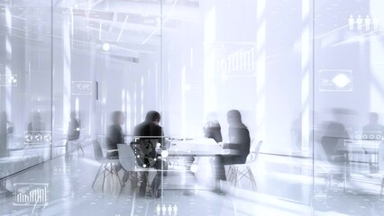 Team of professionals working with interactive digital analytics displays, modern corporate meeting concept. - Powered by Adobe