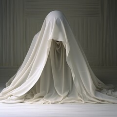 White ghost on white background. - obrazy, fototapety, plakaty