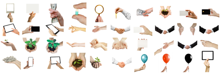 collection of objects with hand on transparent background