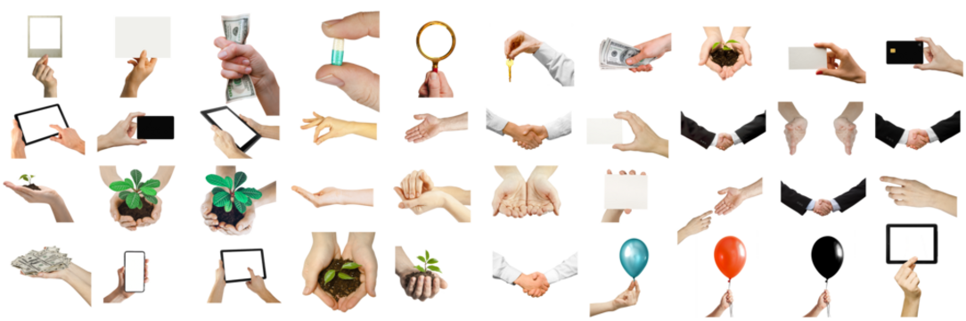 collection of objects with hand on transparent background