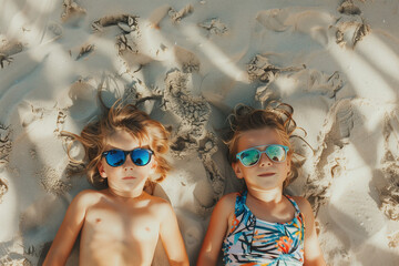 two young kids laying on back in sand on beach from above - Powered by Adobe