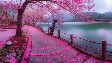 Blooming vibrant pink sakura trees in a garden park. Spring time concept. Winding pathway through a tranquil Japanese garden with cherry blossoms in bloom.