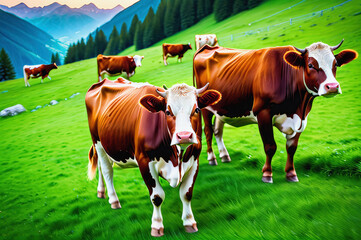 Cows grazing on green alpine meadows.