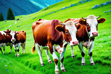 Cows grazing on green alpine meadows.