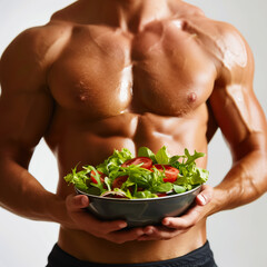 Muscular man naked to the torso with a plate of salad. Сoncept of healthy nutrition and bodybuilding. Athletic male body and vegetables