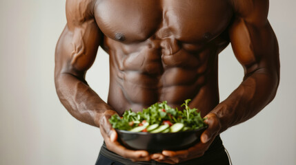 Muscular black man naked to the torso with a plate of salad. Сoncept of healthy nutrition and bodybuilding. Athletic male body and vegetables