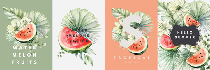 Watercolor floral cards design templates with watermelon