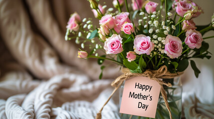 Happy Mother's Day inscription on a card near a vase with colorful flowers.