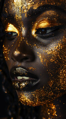 Portrait black beautiful woman with shiny gold paint on the face. Fashion model posing. Skin care concept. Vertical Banner