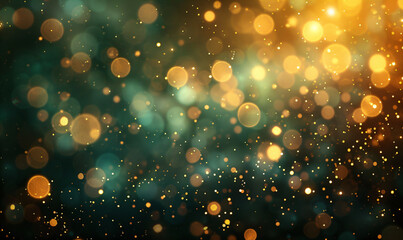 Abstract gold and green glitter lights background. Circle blurred bokeh. Festive backdrop for...