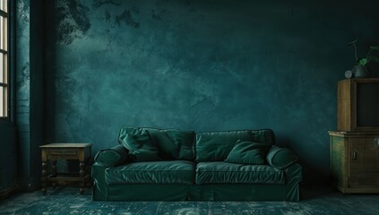 Soft Green Sofa on green background, Modern minimalistic living room interior detail. Cosiness, social media and sale concept, creative advertisement idea and wooden accessories, 3D render, empty room