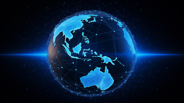 Futuristic digital globe with blue network nodes background image. Interconnected world desktop wallpaper picture. Cyber technology photo backdrop. Global connectivity concept composition