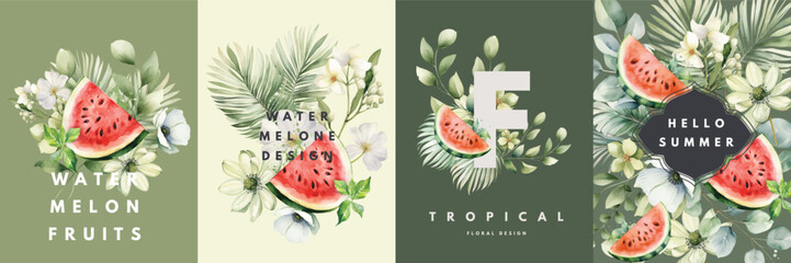 Watercolor floral cards design templates with watermelon
