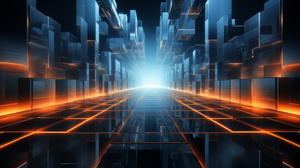 Digital corridor background image. Futuristic blue structures with vibrant orange lines desktop wallpaper picture. Journey through digital data stream photo backdrop. Tech concept - Powered by Adobe