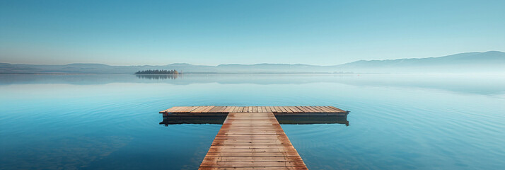 Wooden pier extending into calm lake with clear sky and distant hills. Tranquility and peacefulness...