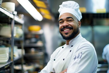 Cheerful chef in white hat with arms crossed