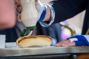 Person adding sauce to a hot dog