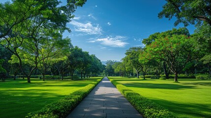 A scenic view unfolds as a winding pathway meanders through a beautifully manicured park, enveloped by vibrant green grass and a plethora of lush trees under a clear blue sky.