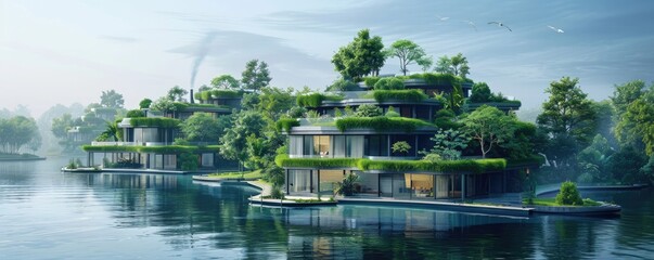 A serene and futuristic vision of sustainable living with modern, green-roofed buildings seamlessly integrated into a natural waterfront landscape. - obrazy, fototapety, plakaty