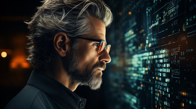 Eyeglasses man with silver hair analyzes digital data ai generated portrait image
