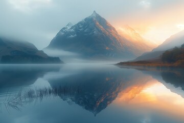 Fototapeta na wymiar Serene mountain scenery with mist and lake