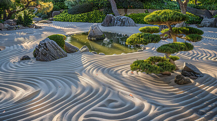 A serene Japanese garden with meticulously raked sand patterns and bonsai trees, evoking a sense of zen tranquility.