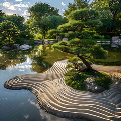A serene Japanese garden with meticulously raked sand patterns and bonsai trees, evoking a sense of zen tranquility.