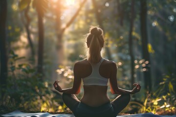Woman practicing yoga in a serene forest setting