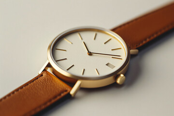 Elegant golden wristwatch with brown leather strap on white background. Timeless accessory for design, luxury goods promotion, and fashion concepts