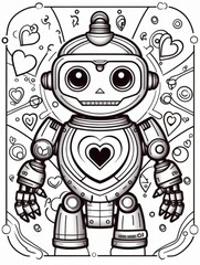 A coloring book page as outline art with crisp black lines and no shading. The motif is a Valentine's day cute robot