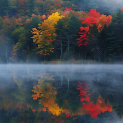  A serene lake reflecting the vibrant colors of autumn foliage, with mist rising from the tranquil waters.