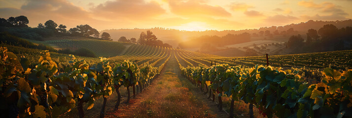 Sunrise over vineyard rows. Golden hour landscape with vibrant greenery and light rays for agriculture and winemaking concept. Panoramic view for design and print