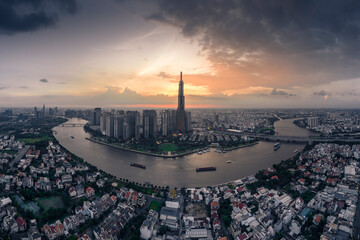 Sunset on Saigon Center, Ho Chi Minh City, Vietnam. Photo taken on August, 2023.