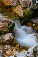 The wild cascades of the Velika Savica river in the heart of the Julian Alps in Slovenia above Lake Bohinj below the Savica waterfall